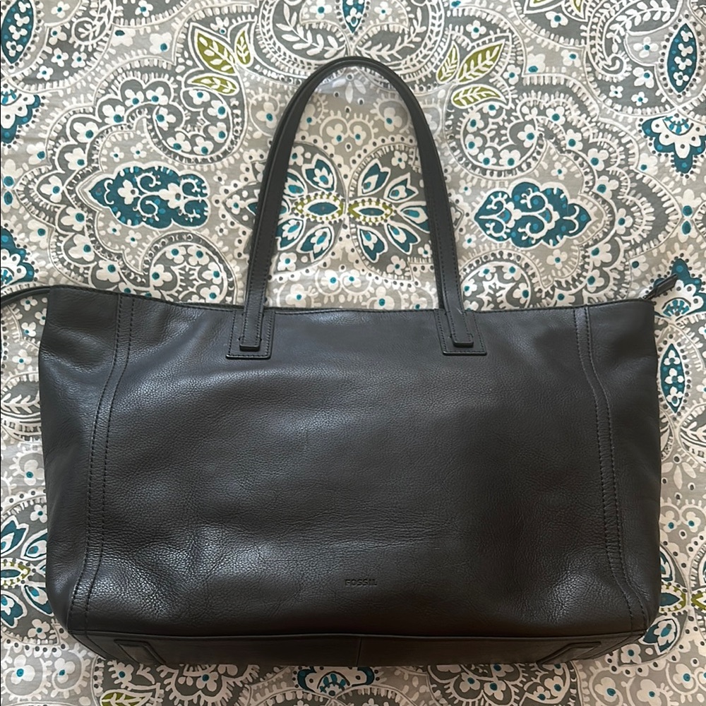 Fossil Black Leather Tote Bag Minimalist Design